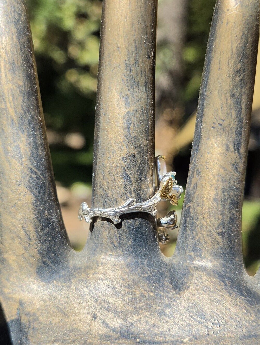 Opal & Green Onyx Leaf Ring Sterling & Gold Sz10 Adjustable - Picture 5 of 8
